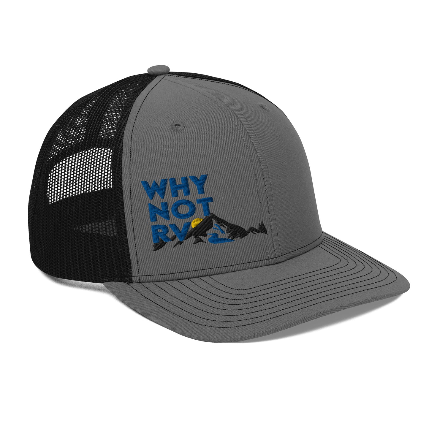 Why Not RV Stacked Black logo Trucker Cap